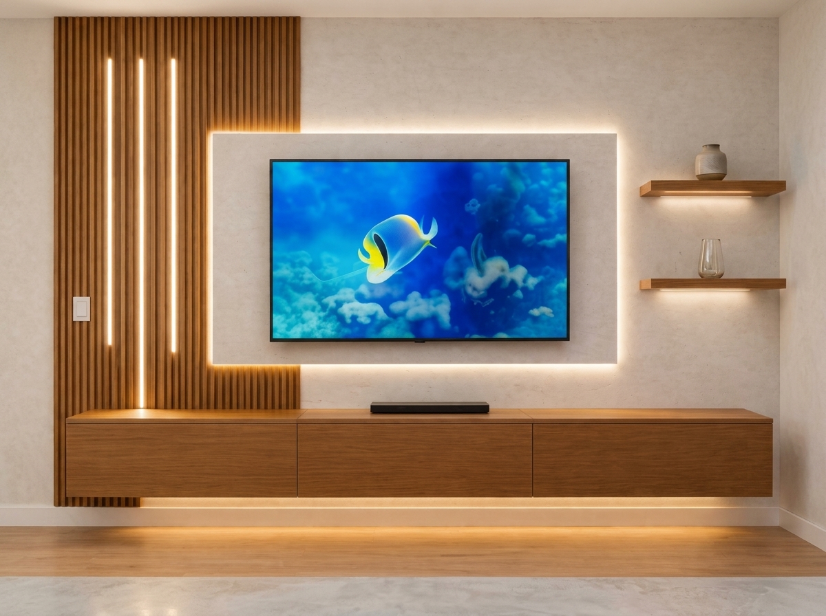 Mueble TV Flotante en Madera Listonada con LED, Módulos en Melamina